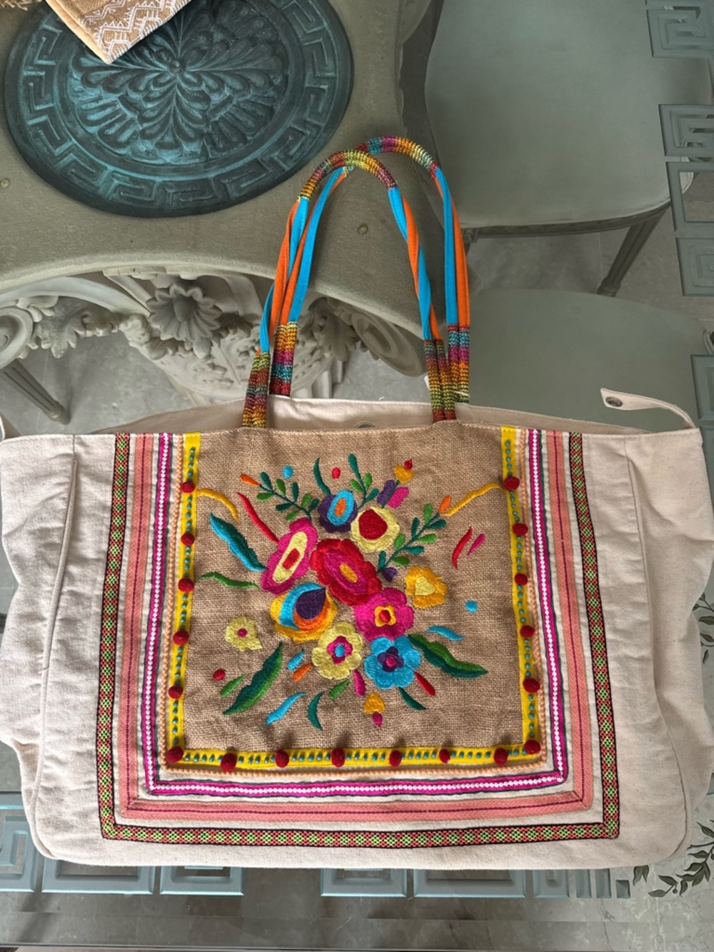 Boho Embroidered Floral Tote Bag - Multicolor